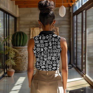 African Adinkra Women Sleeveless Polo Shirt - Mixed Pattern Symbols