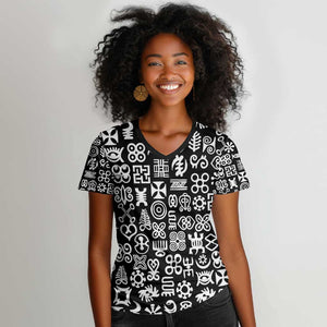 African Adinkra Women V-Neck T-Shirt - Mixed Pattern Symbols