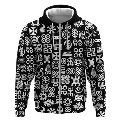 African Adinkra Zip Hoodie - Mixed Pattern Symbols