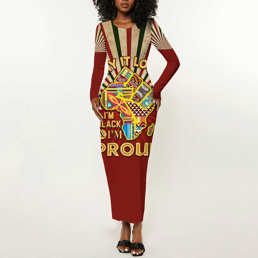 Proud African Long Sleeve Bodycon Dress - Hand Up Africa Map Art