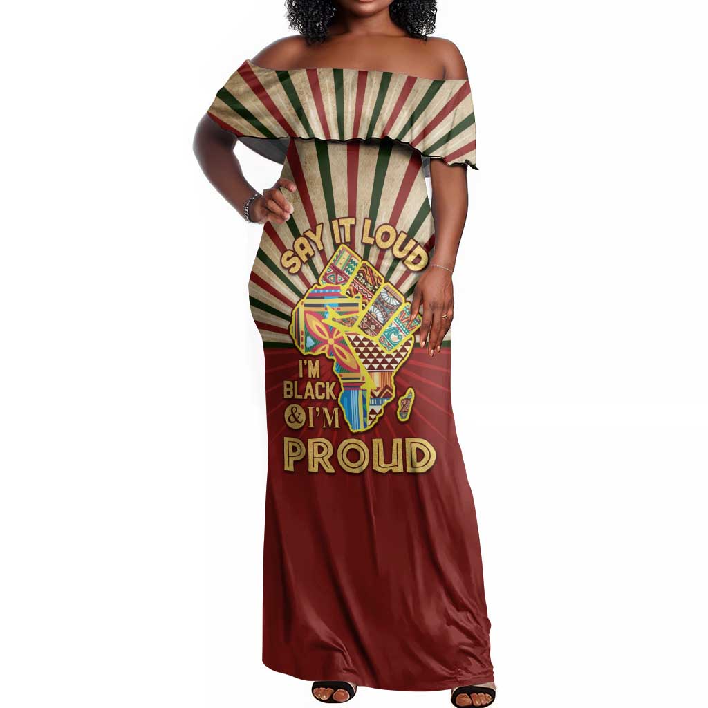 Proud African Off Shoulder Maxi Dress - Hand Up Africa Map Art