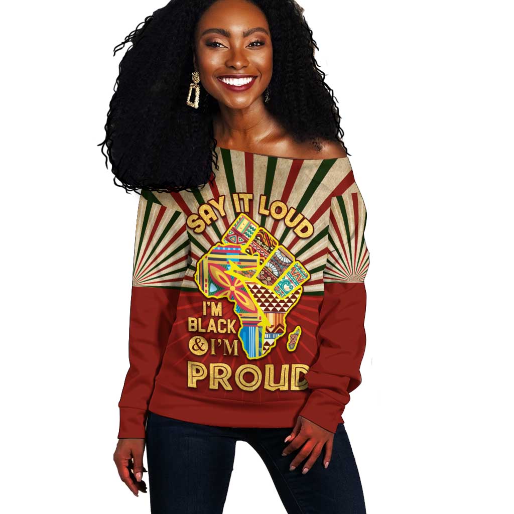 Proud African Off Shoulder Sweater - Hand Up Africa Map Art