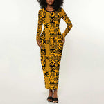 West African Yellow Art - Adinkra Culture Long Sleeve Bodycon Dress DT02