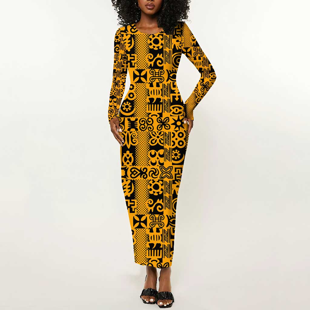 West African Yellow Art - Adinkra Culture Long Sleeve Bodycon Dress