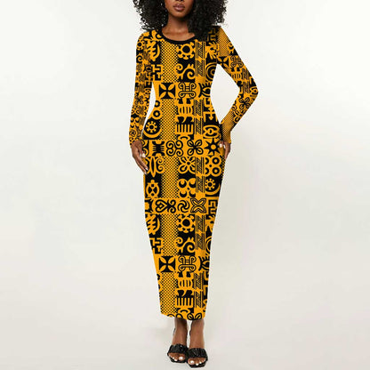 West African Yellow Art - Adinkra Culture Long Sleeve Bodycon Dress DT02