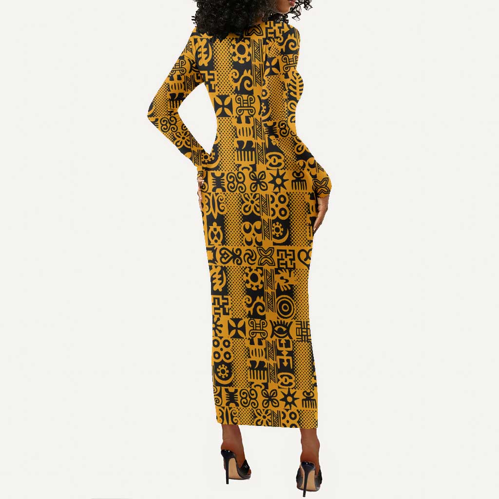 West African Yellow Art - Adinkra Culture Long Sleeve Bodycon Dress DT02