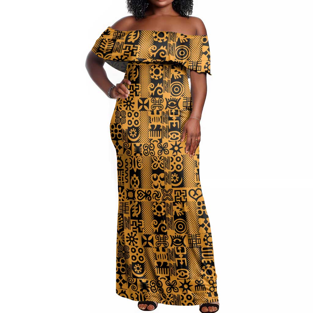 West African Yellow Art - Adinkra Culture Off Shoulder Maxi Dress