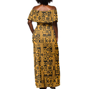 West African Yellow Art - Adinkra Culture Off Shoulder Maxi Dress