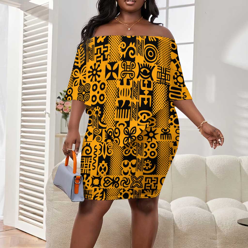 West African Yellow Art - Adinkra Culture Off Shoulder Short Dress