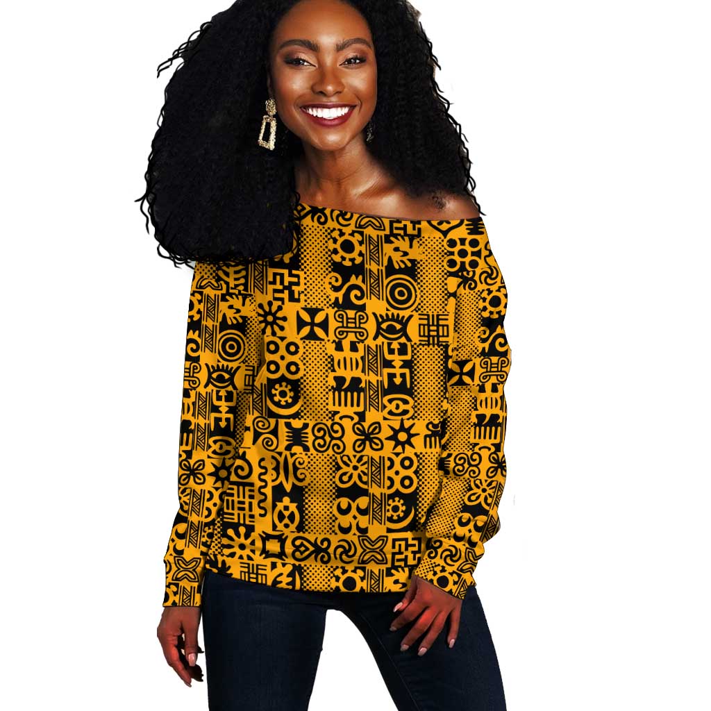 West African Yellow Art - Adinkra Culture Off Shoulder Sweater