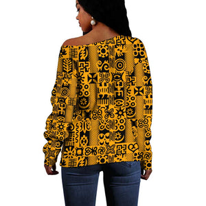 West African Yellow Art - Adinkra Culture Off Shoulder Sweater