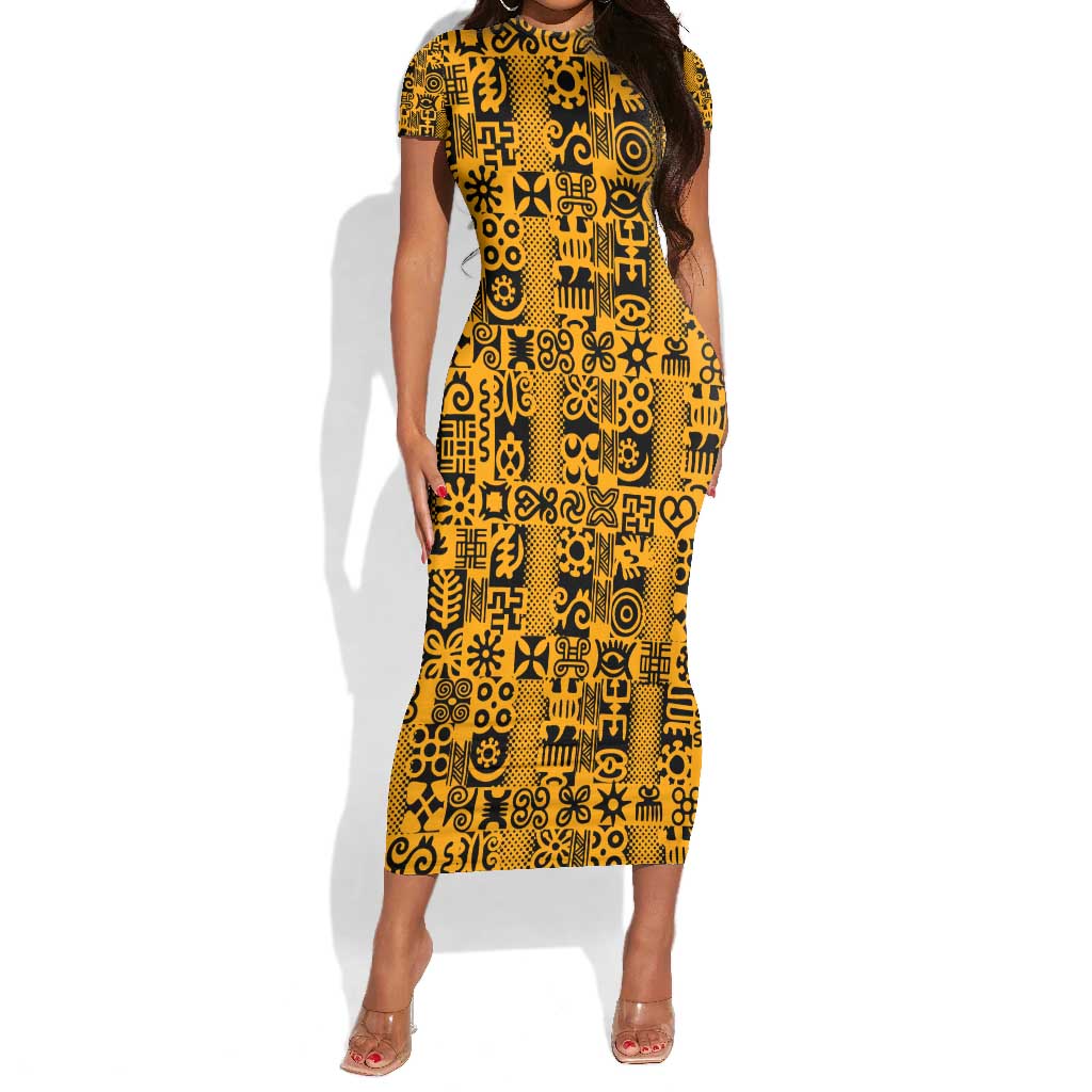 West African Yellow Art - Adinkra Culture Short Sleeve Bodycon Dress