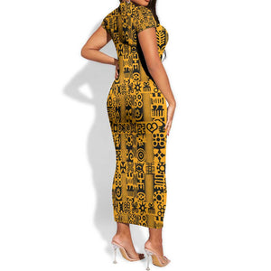 West African Yellow Art - Adinkra Culture Short Sleeve Bodycon Dress