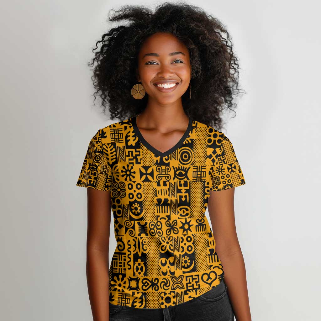 West African Yellow Art - Adinkra Culture Women V-Neck T-Shirt