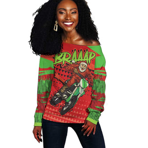 Afro Santa Braaap Off Shoulder Sweater Motorcross Christmas