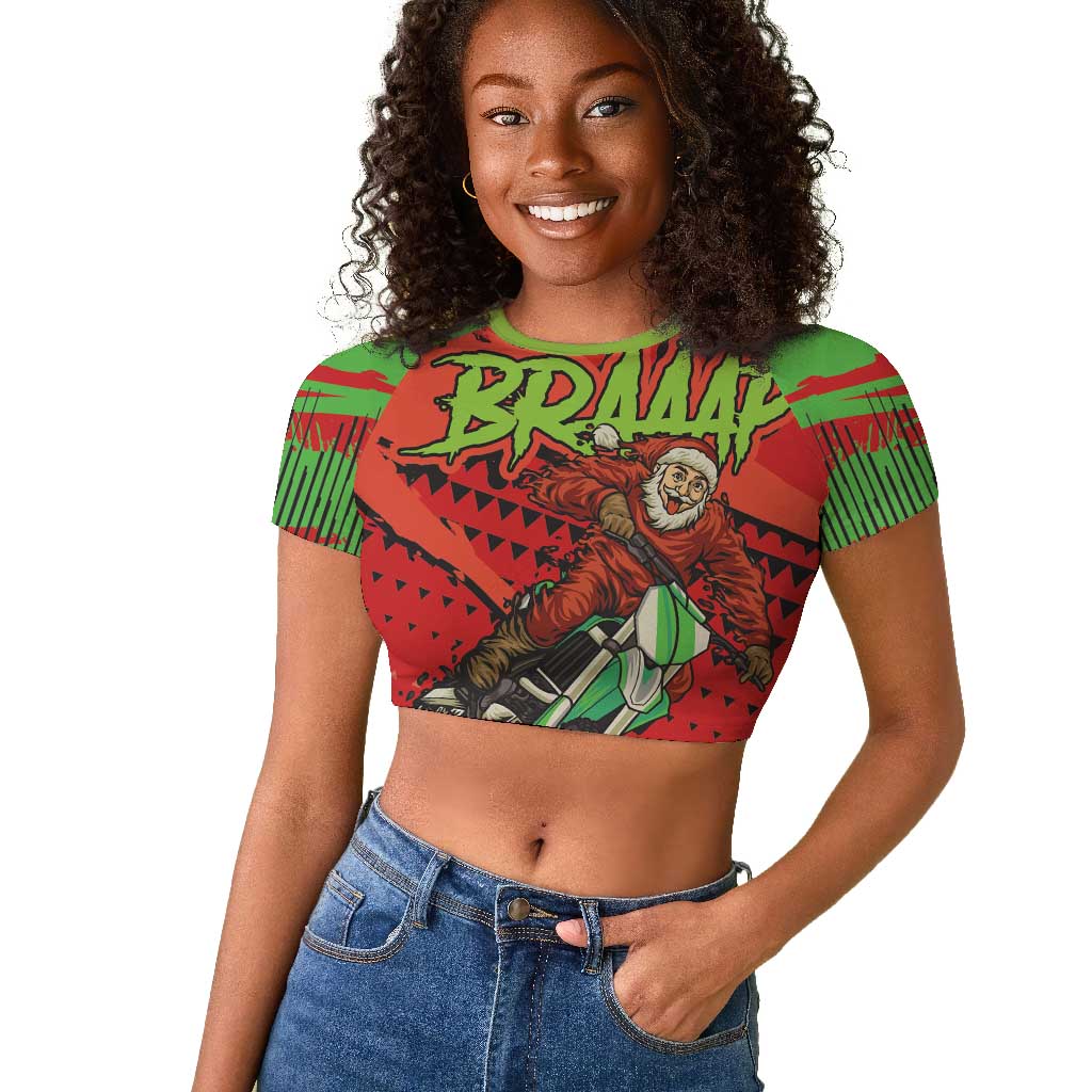 Afro Santa Braaap Raglan Cropped T shirt Motorcross Christmas