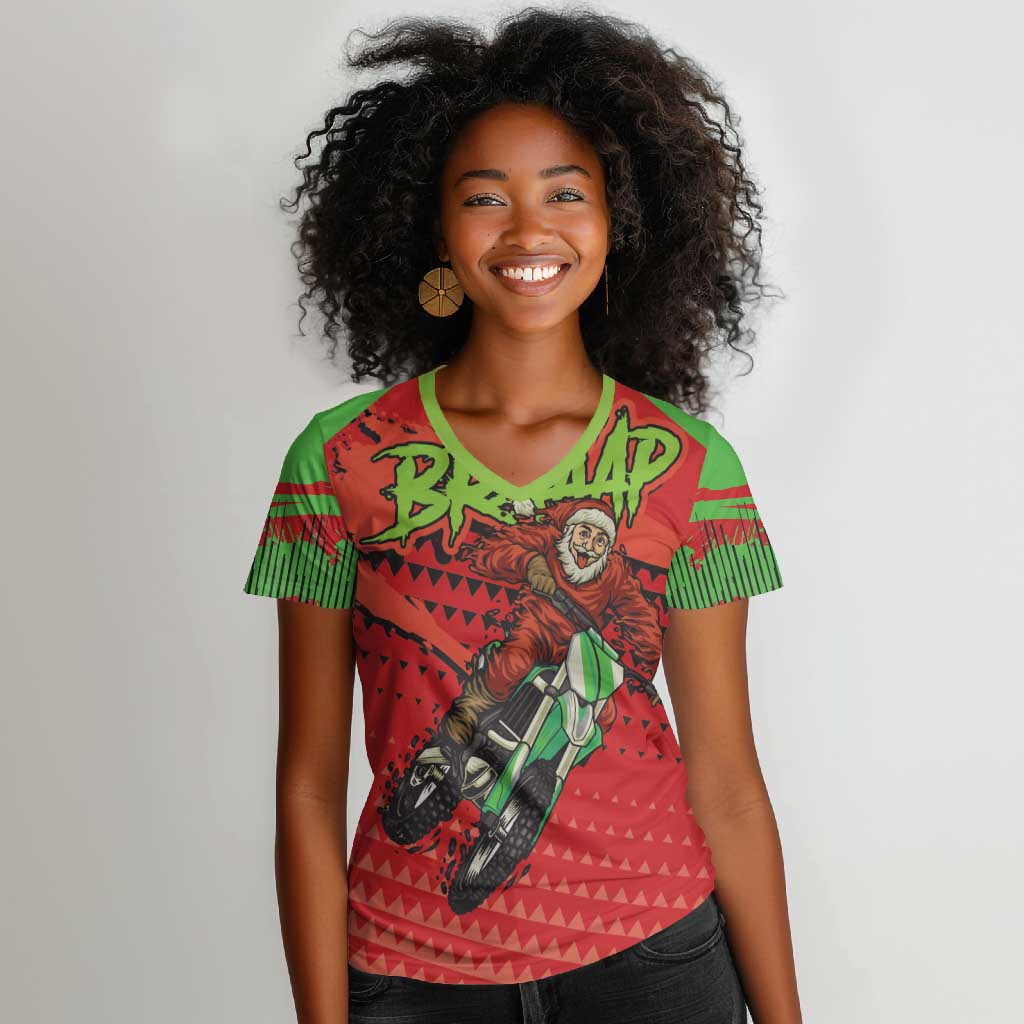 Afro Santa Braaap Women V-Neck T-Shirt Motorcross Christmas