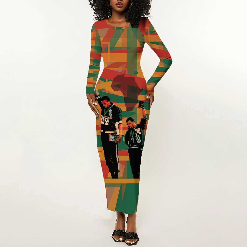 African American 1968 Long Sleeve Bodycon Dress Black Power Fists of Freedom DT03