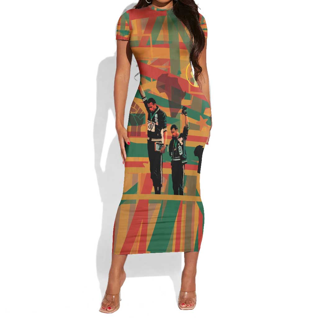 African American 1968 Short Sleeve Bodycon Dress Black Power Fists of Freedom DT03