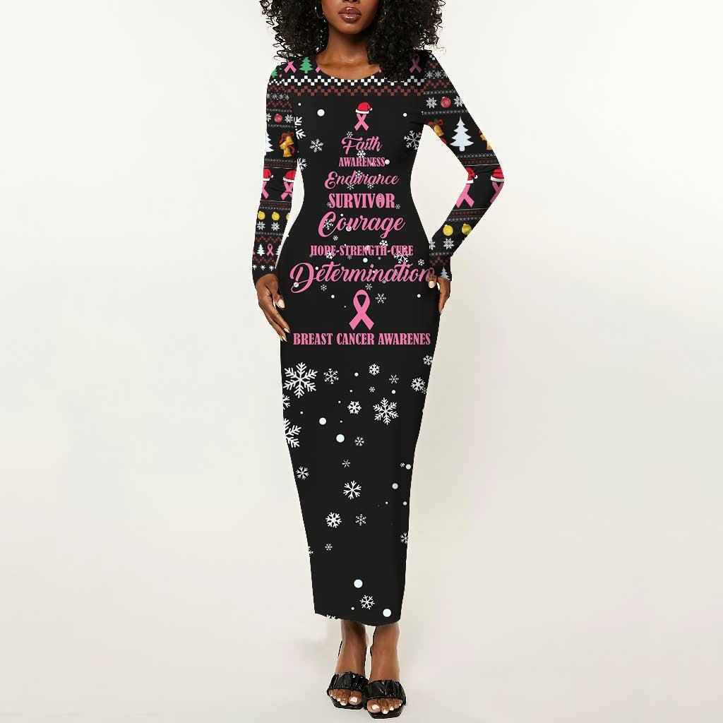 Christmas Tree Breast Cancer Afro Long Sleeve Bodycon Dress Survivor African