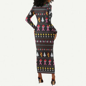 Christmas Tree Breast Cancer Afro Long Sleeve Bodycon Dress Survivor African