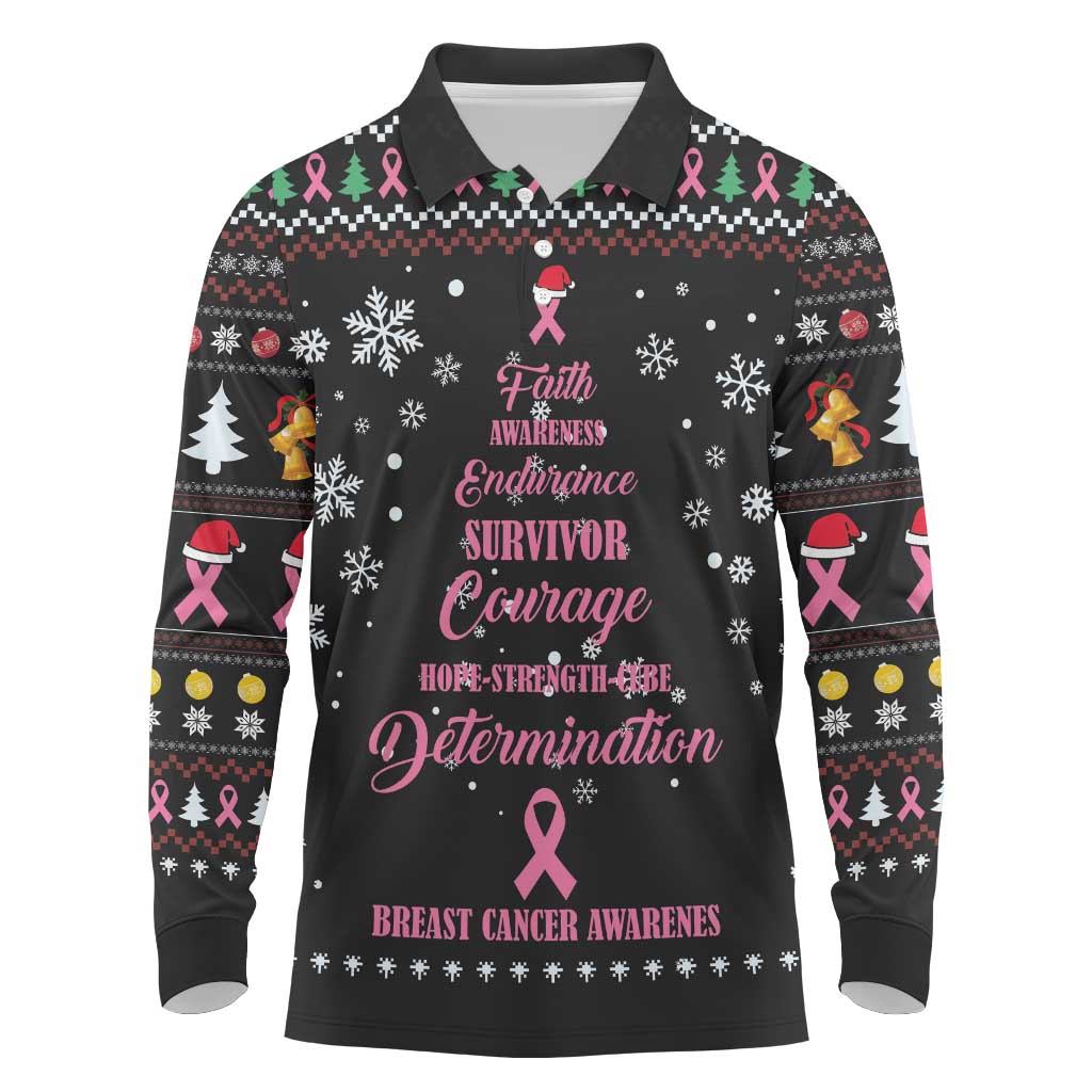 Christmas Tree Breast Cancer Afro Long Sleeve Polo Shirt Survivor African