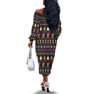 Christmas Tree Breast Cancer Afro Off The Shoulder Long Sleeve Dress Survivor African