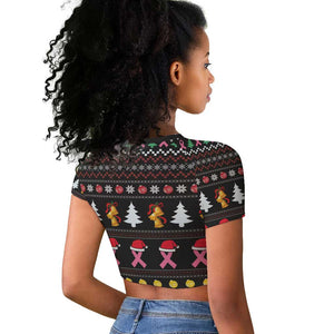 Christmas Tree Breast Cancer Afro Raglan Cropped T shirt Survivor African