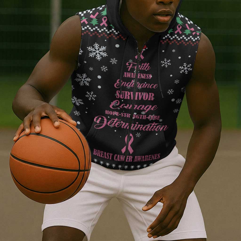 Christmas Tree Breast Cancer Afro Sleeveless Zip Hoodie Survivor African - African Pride