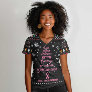 Christmas Tree Breast Cancer Afro Women V-Neck T-Shirt Survivor African