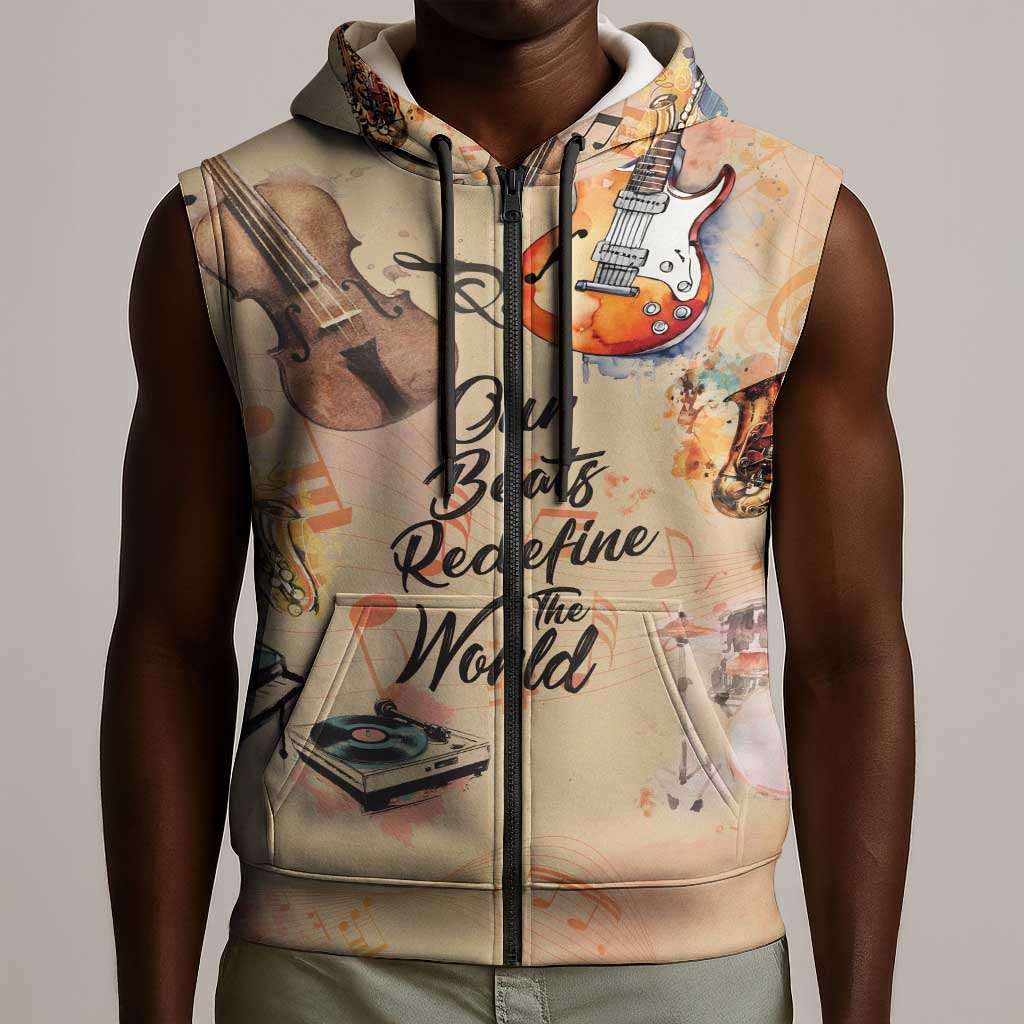 Our Beats Redefine The World African Sleeveless Zip Hoodie Afro Music - African Pride