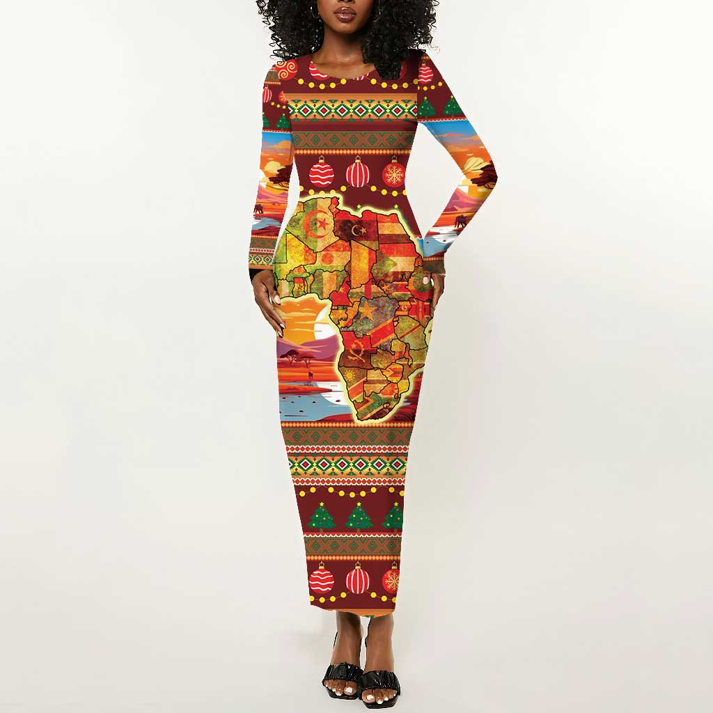 African Christmas Long Sleeve Bodycon Dress Afro Heritage and Celebrated