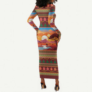 African Christmas Long Sleeve Bodycon Dress Afro Heritage and Celebrated