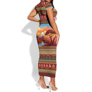 African Christmas Short Sleeve Bodycon Dress Afro Heritage and Celebrated