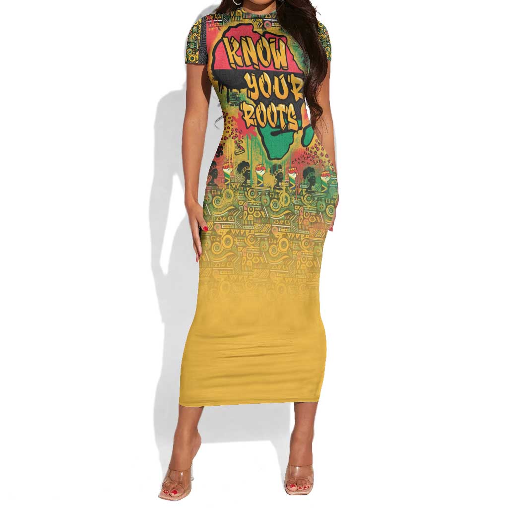 Africa Map Graffiti Short Sleeve Bodycon Dress Know You Roots Art Style