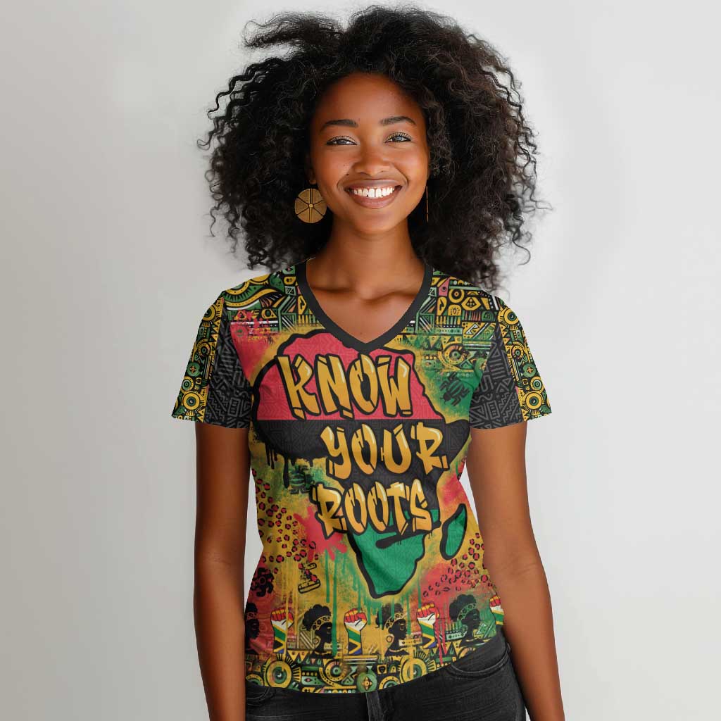 Africa Map Graffiti Women V-Neck T-Shirt Know You Roots Art Style