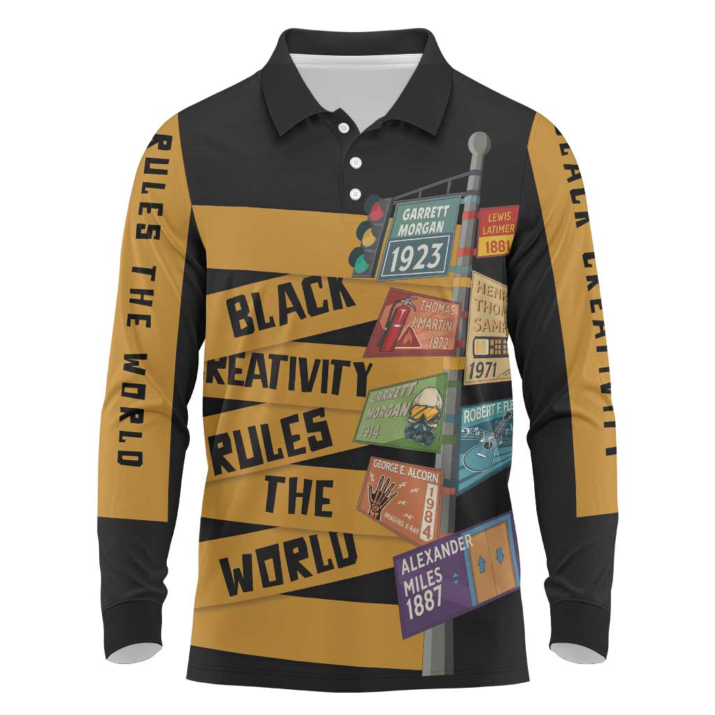 African Creativity Long Sleeve Polo Shirt Black Creativity Rules The World