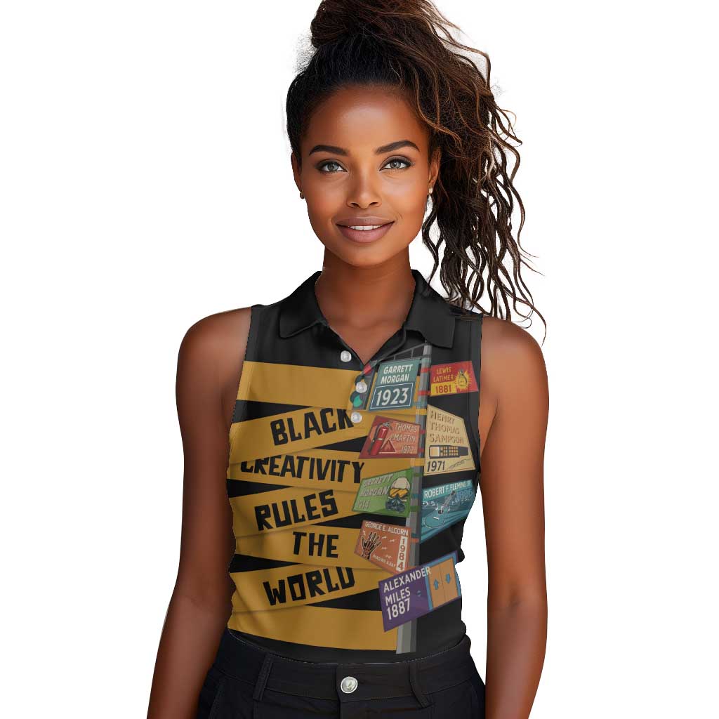 African Creativity Women Sleeveless Polo Shirt Black Creativity Rules The World