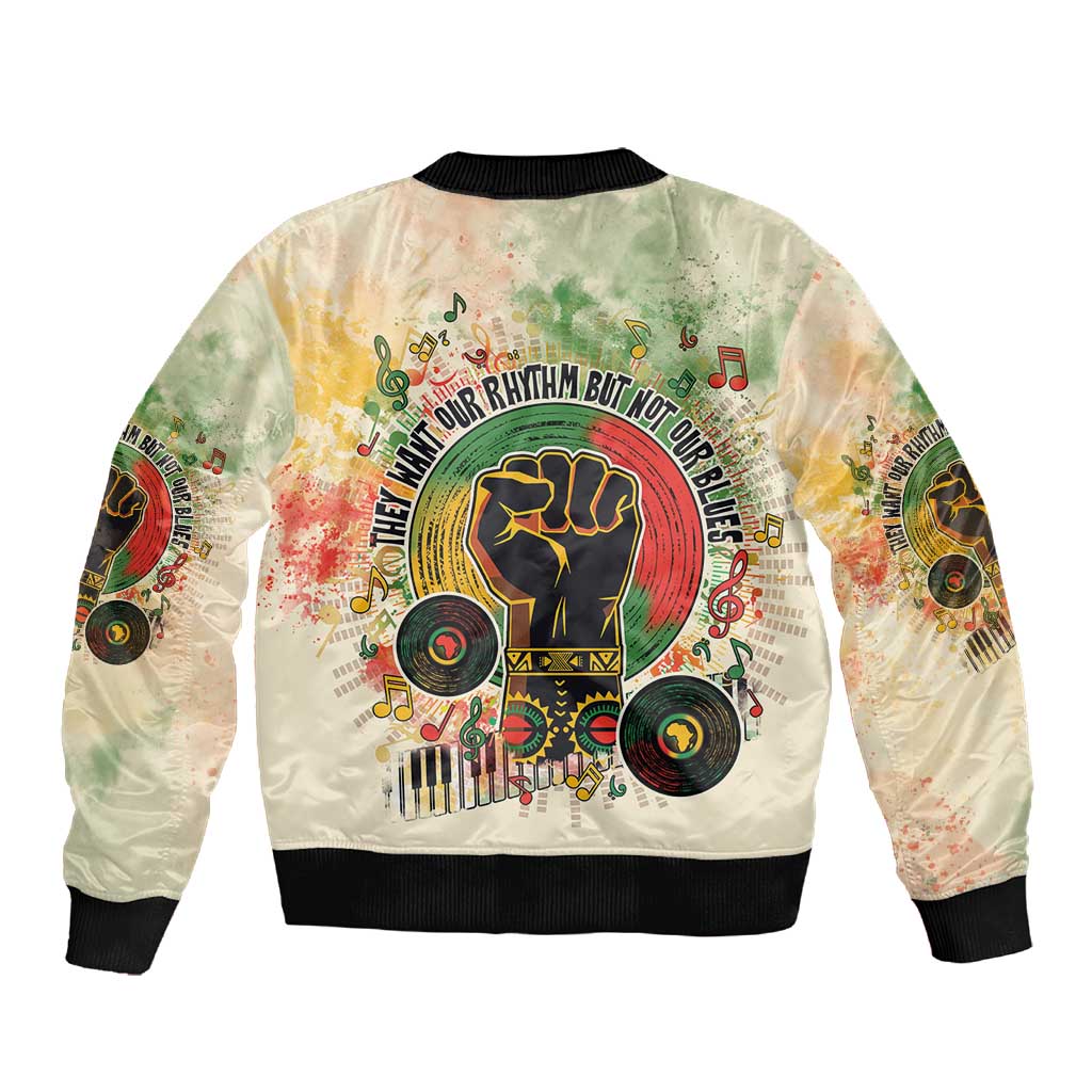 They Want Our Rhythm Not Our Blues Sleeve Zip Bomber Jacket Afro Pride Music