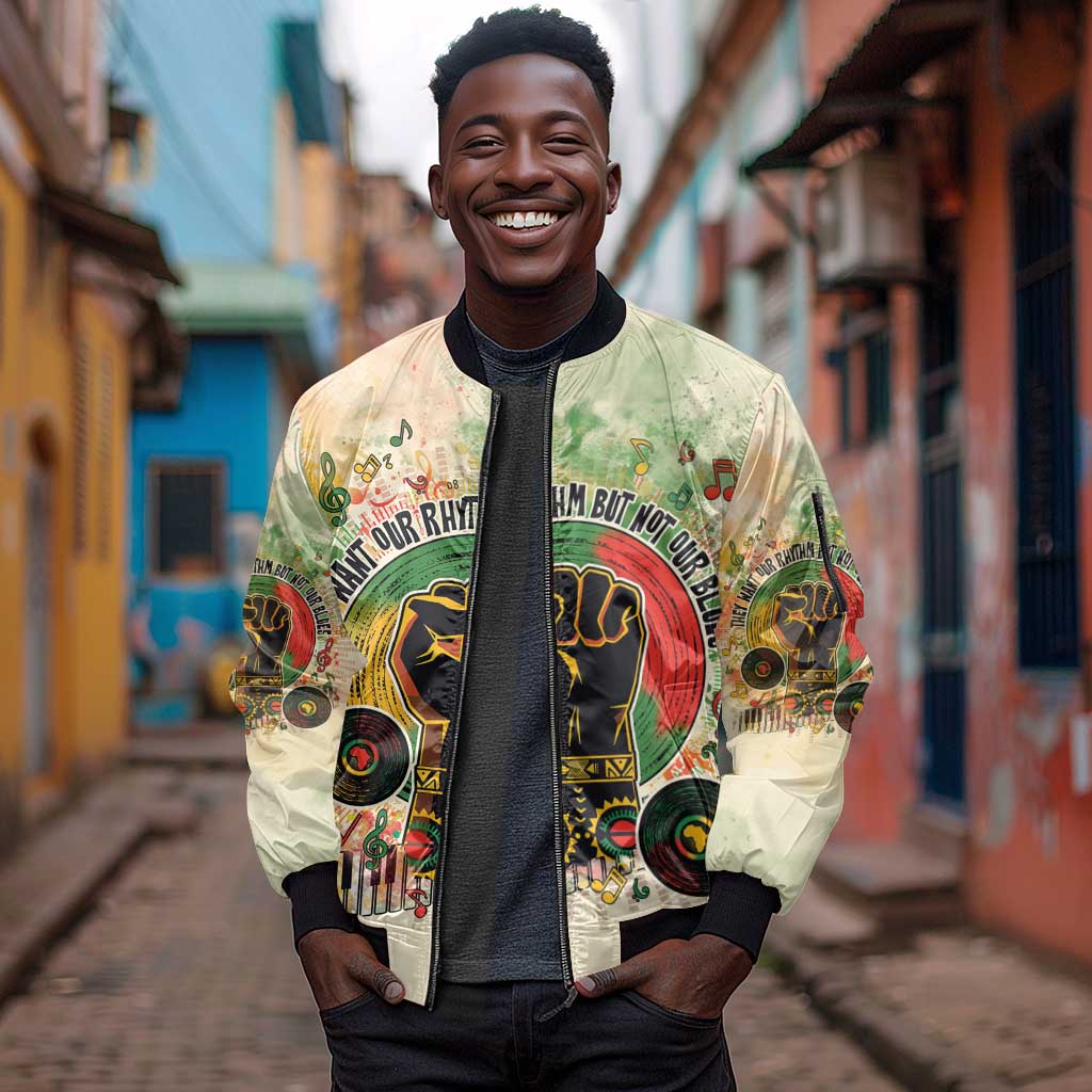 They Want Our Rhythm Not Our Blues Sleeve Zip Bomber Jacket Afro Pride Music