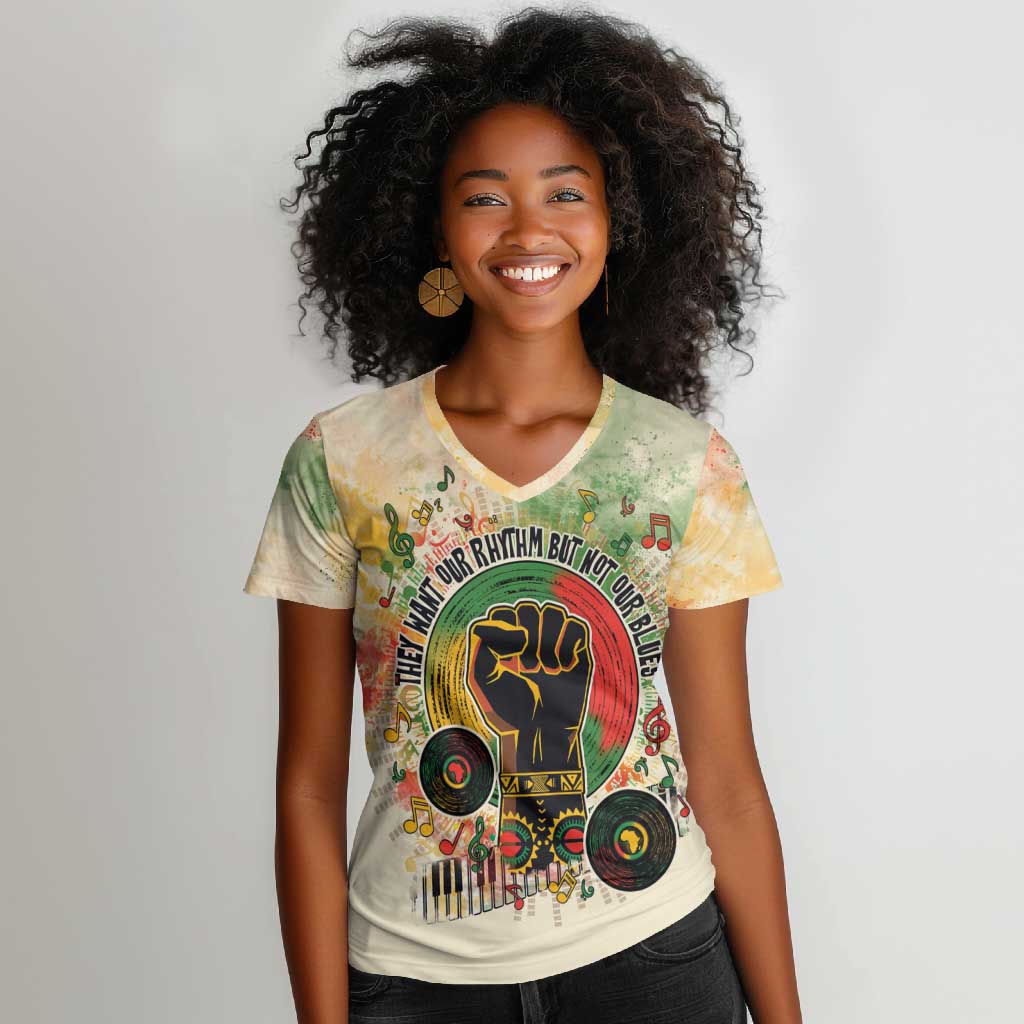 They Want Our Rhythm Not Our Blues Women V-Neck T-Shirt Afro Pride Music