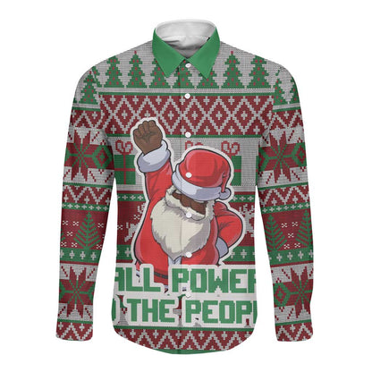Black Santa Fist Christmas Africa Long Sleeve Button Shirt All Power to the People
