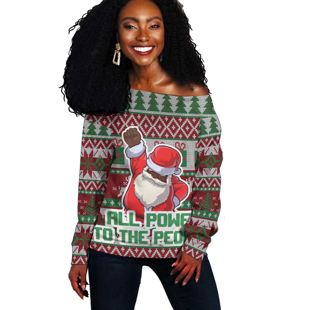 Black Santa Fist Christmas Africa Off Shoulder Sweater All Power to the People