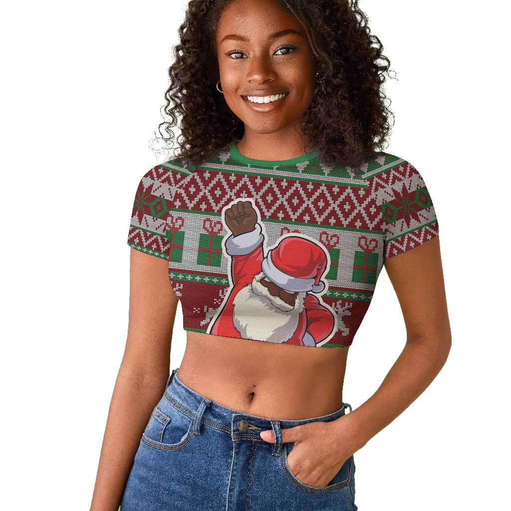 Black Santa Fist Christmas Africa Raglan Cropped T shirt All Power to the People