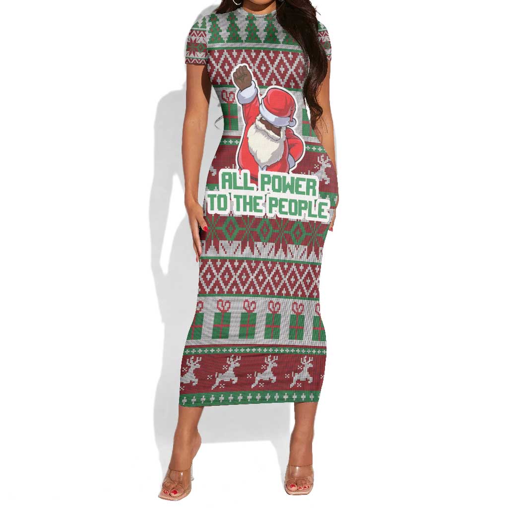 Black Santa Fist Christmas Africa Short Sleeve Bodycon Dress All Power to the People