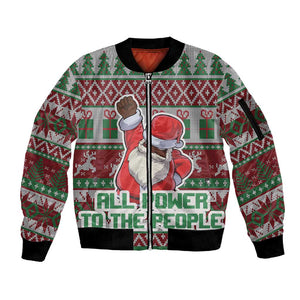 Black Santa Fist Christmas Africa Sleeve Zip Bomber Jacket All Power to the People