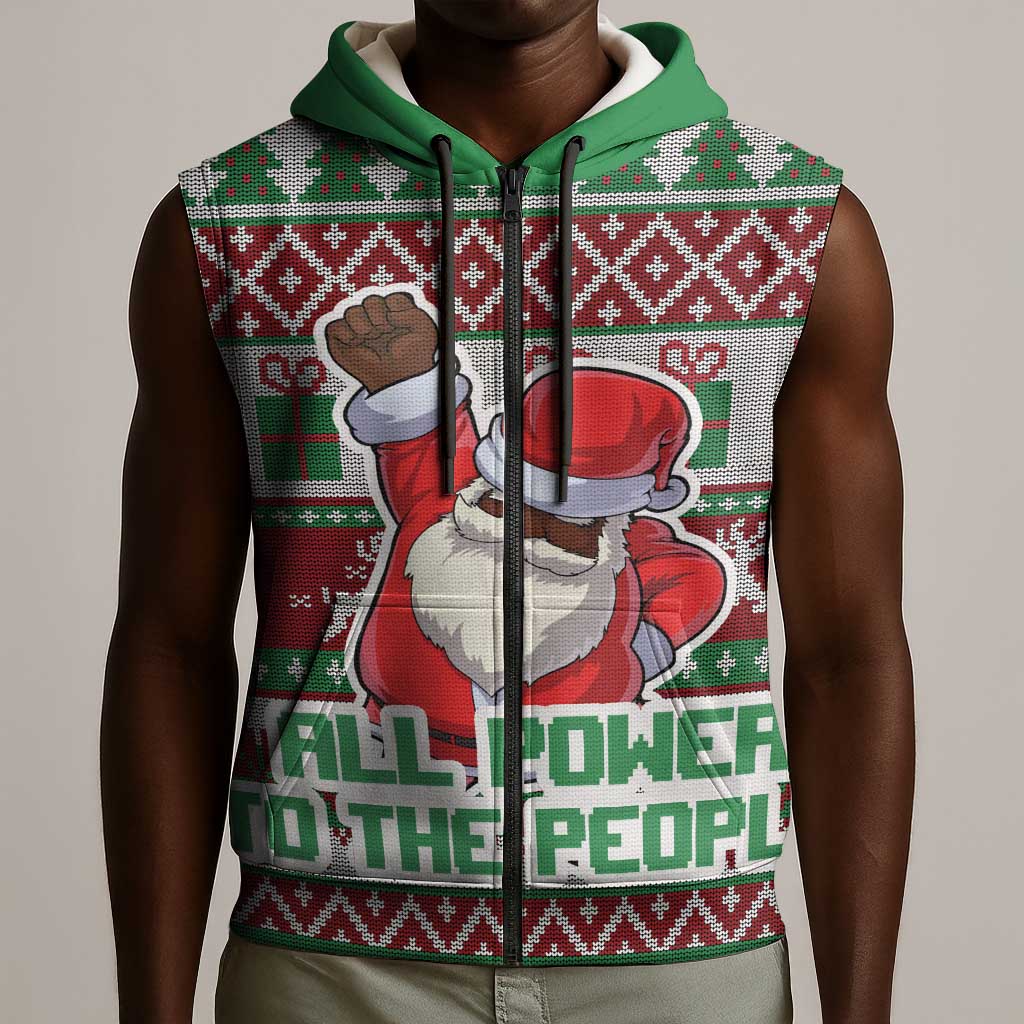 Black Santa Fist Christmas Africa Sleeveless Zip Hoodie All Power to the People - African Pride