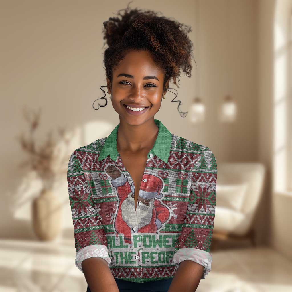Black Santa Fist Christmas Africa Women Casual Shirt All Power to the People DT03