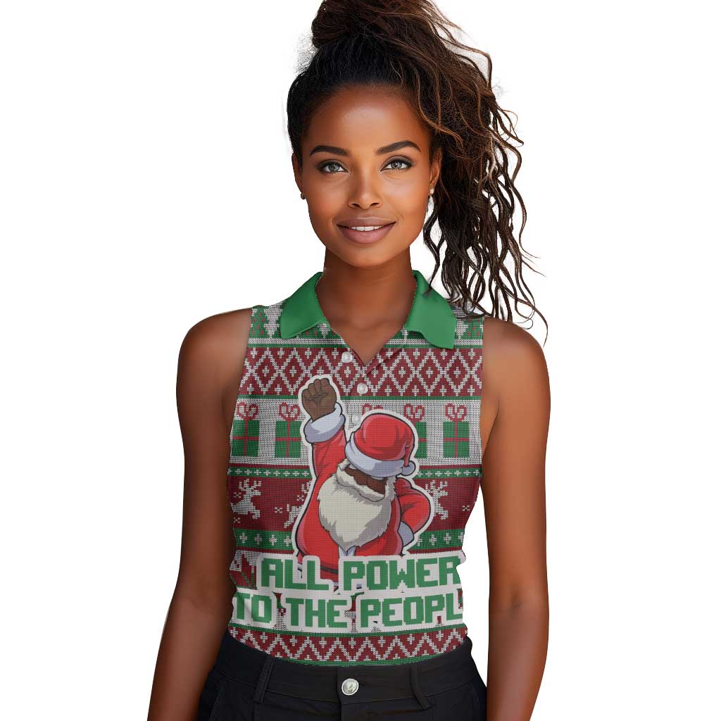 Black Santa Fist Christmas Africa Women Sleeveless Polo Shirt All Power to the People