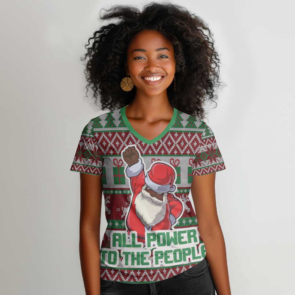 Black Santa Fist Christmas Africa Women V-Neck T-Shirt All Power to the People